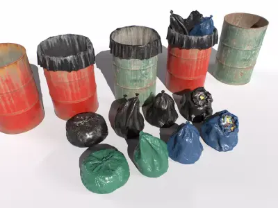 Drum trash can and trash bags Low-poly 3D model