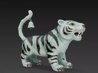 Celadon Ceramic Tiger Statue - Stylized Decorative 3D Model 3D model
