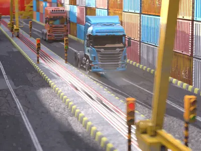 wharf container terminal with trucks and containers 3D model