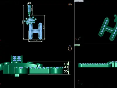 Crown Initial  H  Letter Pendant 3D print model