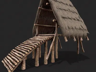 Primitive Wooden Shelter with Thatch Roof 4 Low-poly 3D model