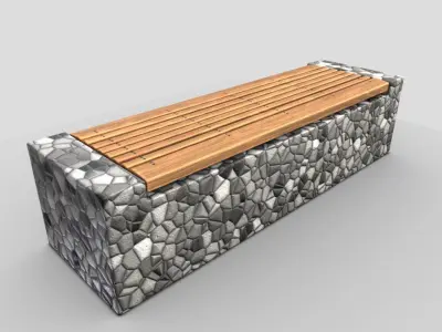 Bench 6 Wood on Mosaic Stone Block Low-poly 3D model