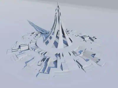 Futuristic Monumental Roundabout with Water and Planters Low-poly 3D model