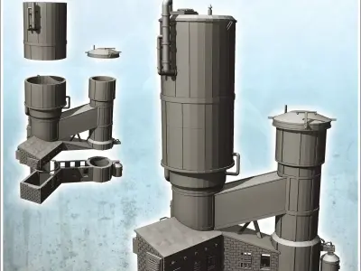 Double industrial grain tanks with annex and external pipes inta 3D print model