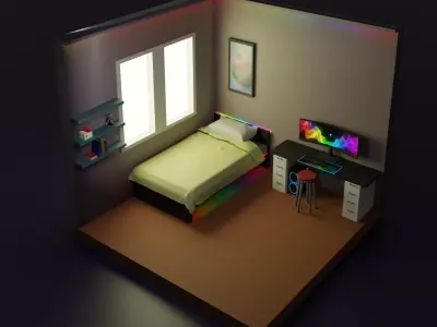 Low poly room with bed and desk Free low-poly 3D model