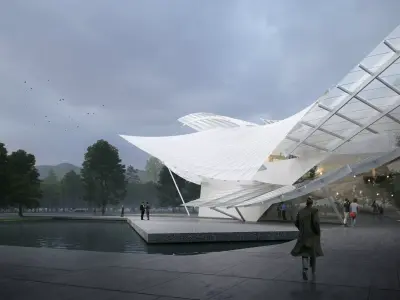 Sculptural Glass Landmark Pavilion on Reflective Water 3D model