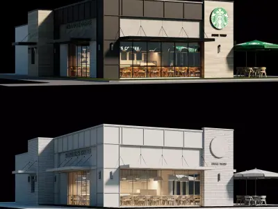 Starbucks cafe building whith interior furniture 3D model