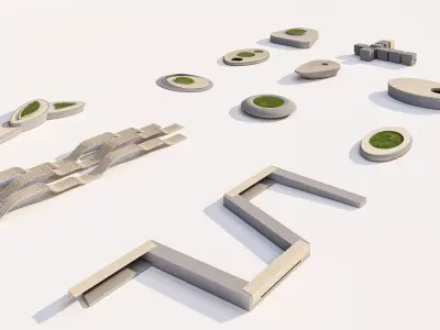 Urban Park concrete and wood benches with planter kit Low-poly 3D model