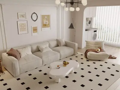 Cozy Cream Living Lounge with Soft Modular Sofa 3D model