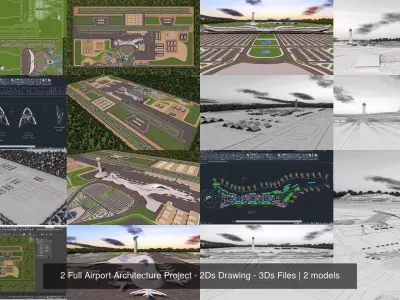 2 Full Airport Architecture Project - 2Ds Drawing - 3Ds Files 3D Model Pack