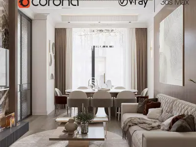 Classic livingroom and kitchen design 3D model