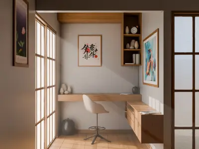 Japanese style room with a desk and chair Low-poly 3D model