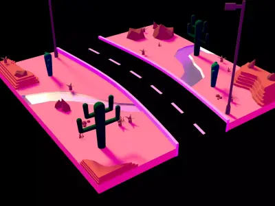 Low Poly Desert with cactus and road Low-poly 3D model