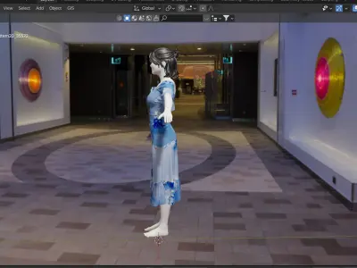 Blue florist cotton ruffles party dress 3D model