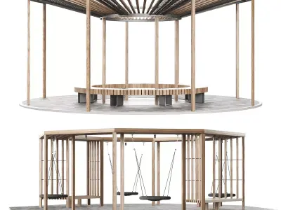 Set of pergolas gazebos canopies with swings benches 3D model