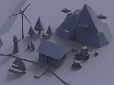 Norway island with trees and river Low-poly 3D model