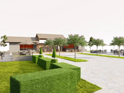 Outdoor Food Court Park with Landscape Scene Low-poly 3D model