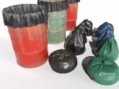 Drum trash can and trash bags Low-poly 3D model