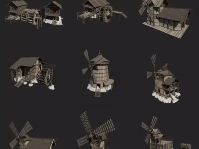 MEDIEVAL MILL WINDMILL WATERMILL FANTASY BUILDING COLLECTION Low-poly 3D model