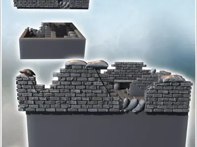Heavily damaged stone building with exposed steel framework and  3D print model