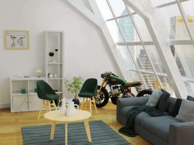 3d product living room with windows and motorcycle 3D model