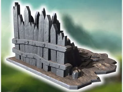 Pile of broken crates wooden planks and debris against a fortifi 3D print model