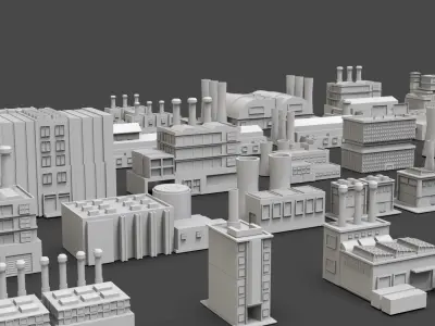 Low Poly Industrial Building Pack Of 50 -Game Ready -Untextured Low-poly 3D model