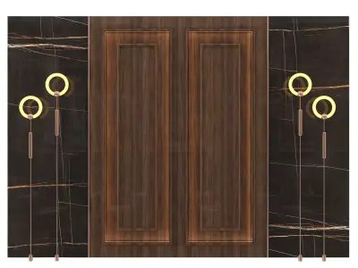 Panel wooden door with two lights 3D model