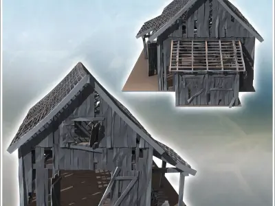 Ruined wooden building with exposed framework side annex and lar 3D print model