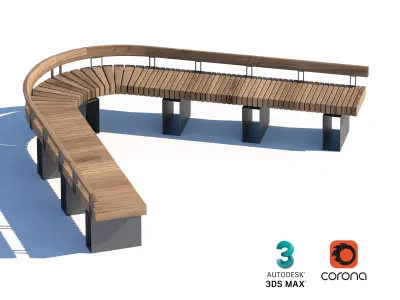 Curved Wooden Bench with Backrest for Public Spaces 3D model