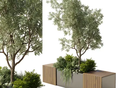 Urban Environment Urban Furniture Green Benches Plants and Tree 3D model