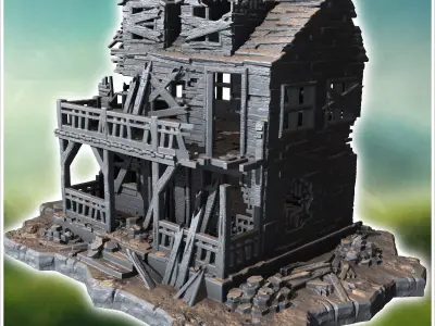 Abandoned wooden house with broken windows collapsed walls and s 3D print model