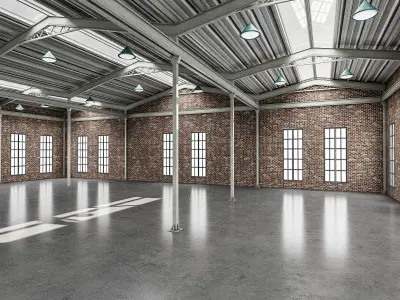 3D low poly factory empty warehouse with windows Low-poly 3D model