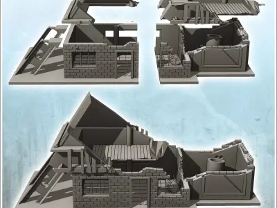 Two-storey brick factory with chimney and steel beam destroyed v 3D print model