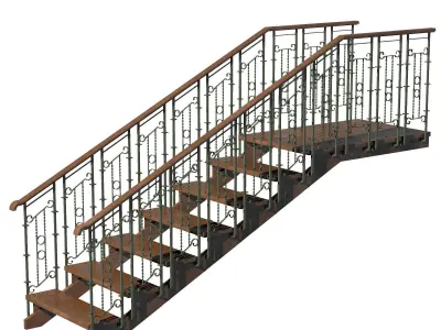 Stairs wooden staircase with metal railings 3D model