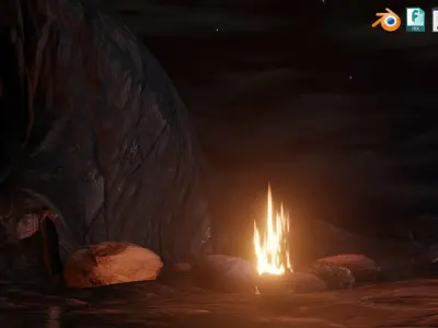 Spooky cave with an animated Fire Low-poly 3D model