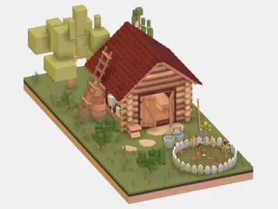 Isometric Village Wood Garden Depot Hangar Shed Low-poly 3D model