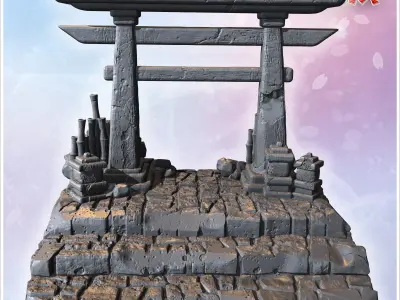 Small torii gate on stone steps with surrounding decorative bamb 3D print model