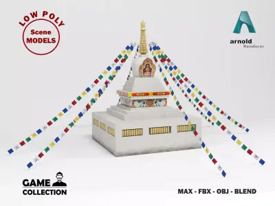Stupa buddhist temple flags Low-poly 3D model