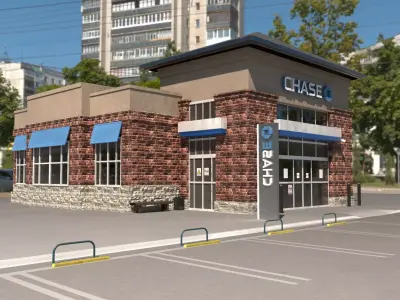 Chase Bank and parking lot - Realistic and PBR Low-poly 3D model