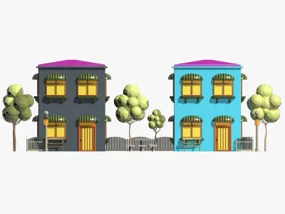 Cartoon Scene with TwoColorful  Houses Low-poly 3D model