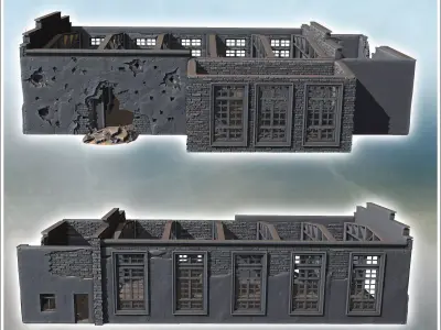 Partially destroyed building with large windows and missing roof 3D print model
