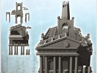 Ruined neo-classical public administration building with pedimen 3D print model