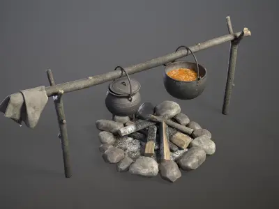 Bonfire with Medieval Hanging Cauldrons  Low-poly 3D model