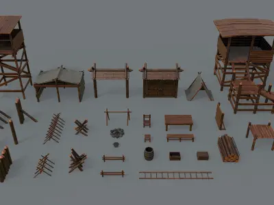 Set of 33 Medieval Bandit Camping Assets Low-poly 3D model