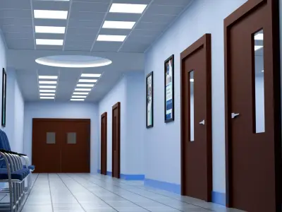 New Hospital Corridor with Lighting and chairs Low-poly 3D model
