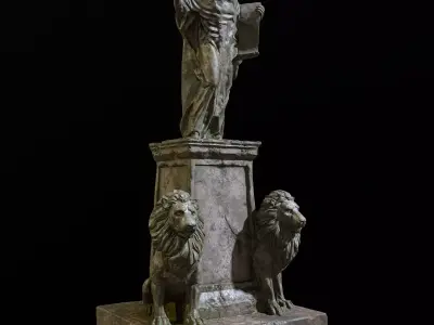 Old Sage statue with two lions Low-poly 3D model