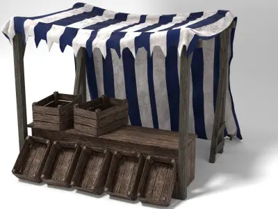 Medieval Market Stall Tent Blue and White 3D Model with Crates Low-poly 3D model