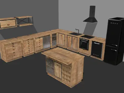 Kitchen cabinets and appliances set in industrial rustic style Low-poly 3D model