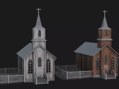 two old churches wooden and brick with pbr textures Low-poly 3D model